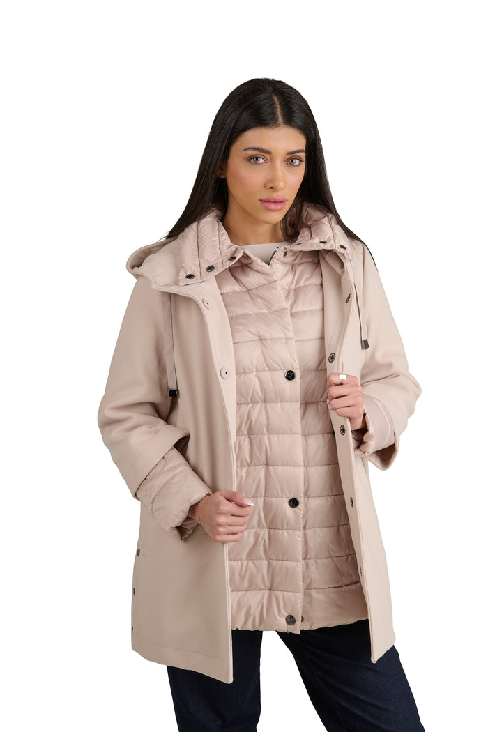 Giaccone Donna Doppio con Piumino Interno, Cappotto Donna 2 in 1 in Poliestere, Giacca Invernale Calda con Cappuccio. Satinette