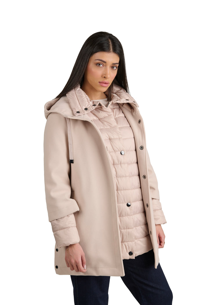 Giaccone Donna Doppio con Piumino Interno, Cappotto Donna 2 in 1 in Poliestere, Giacca Invernale Calda con Cappuccio. Satinette