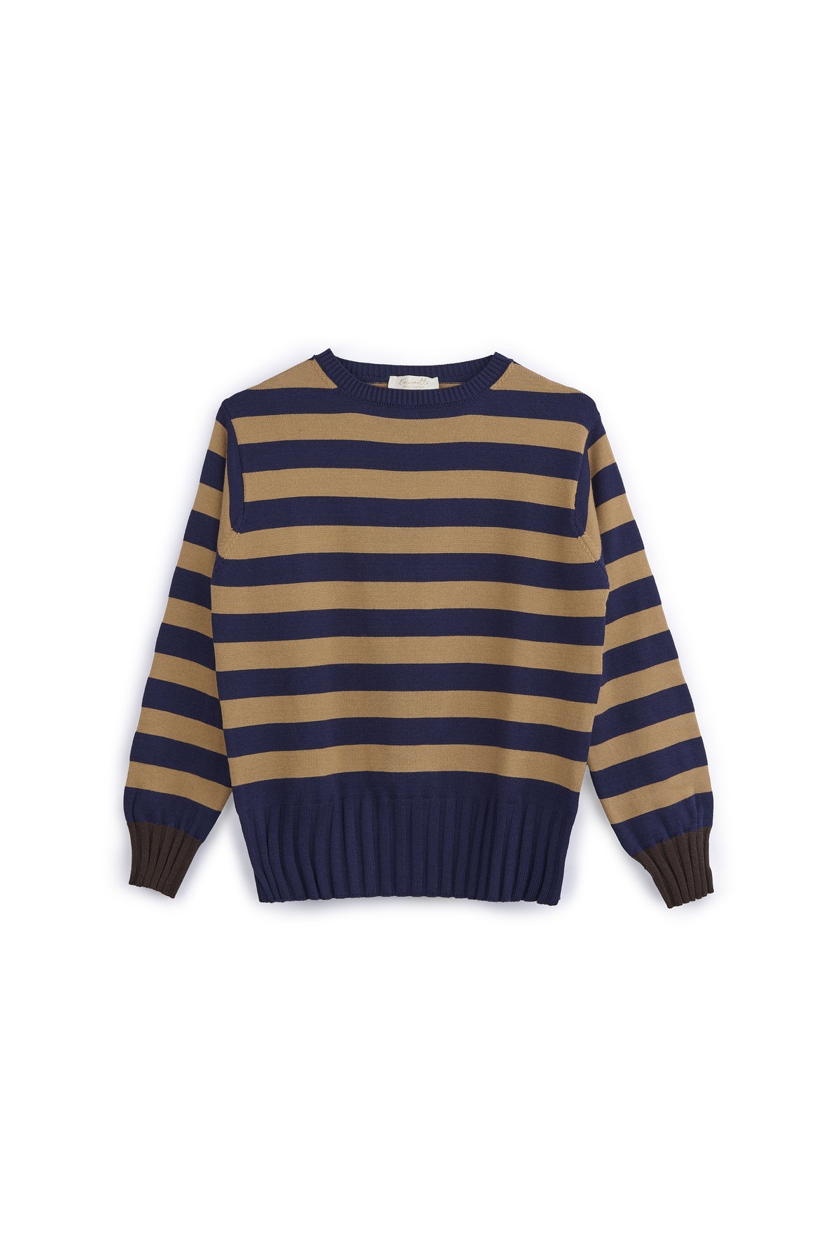 Maglia Donna a Righe Girocollo blu-beige. Maglione Manica Lunga in Viscosa e Poliammide, Pullover Donna Casual Elegante Morbido e Confortevole