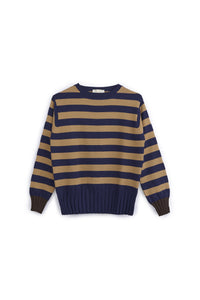Maglia Donna a Righe Girocollo blu-beige. Maglione Manica Lunga in Viscosa e Poliammide, Pullover Donna Casual Elegante Morbido e Confortevole
