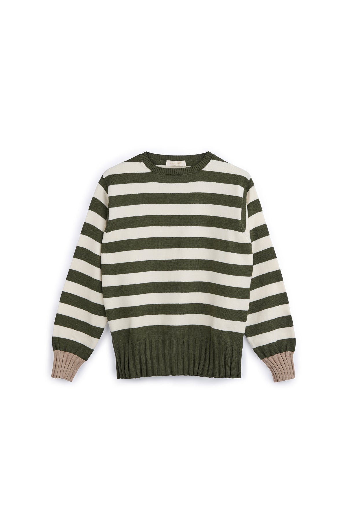 Maglia Donna a Righe Girocollo verdone e beige. Maglione Manica Lunga in Viscosa e Poliammide, Pullover Donna Casual Elegante Morbido e Confortevole.