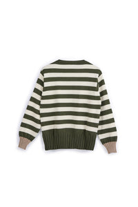 Maglia Donna a Righe Girocollo verdone e beige. Maglione Manica Lunga in Viscosa e Poliammide, Pullover Donna Casual Elegante Morbido e Confortevole.