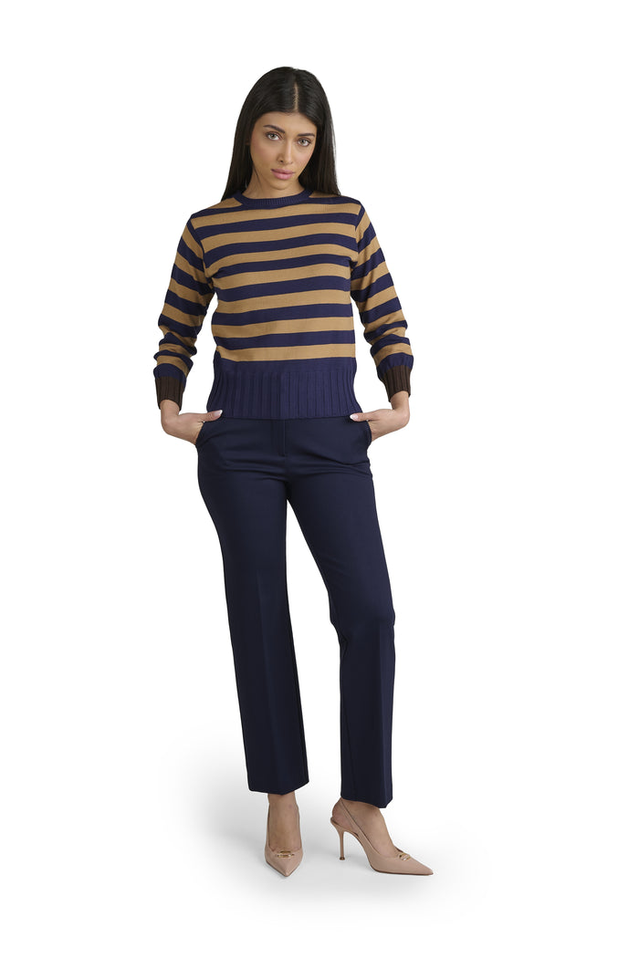 Maglia Donna a Righe Girocollo blu-beige. Maglione Manica Lunga in Viscosa e Poliammide, Pullover Donna Casual Elegante Morbido e Confortevole
