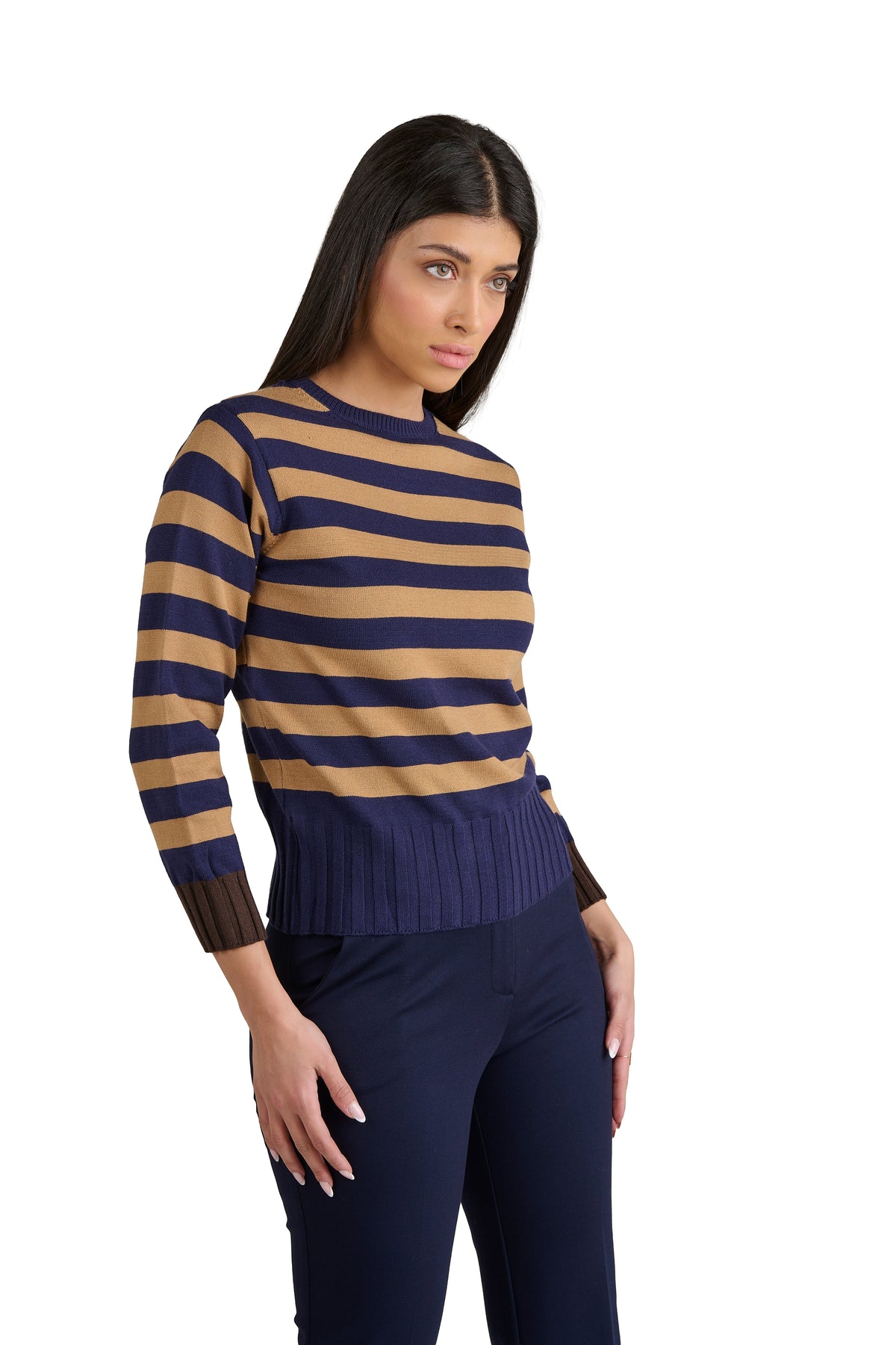 Maglia Donna a Righe Girocollo blu-beige. Maglione Manica Lunga in Viscosa e Poliammide, Pullover Donna Casual Elegante Morbido e Confortevole