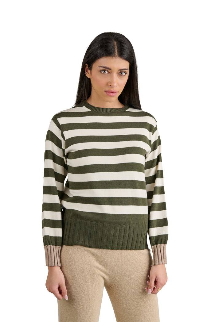 Maglia Donna a Righe Girocollo verdone e beige. Maglione Manica Lunga in Viscosa e Poliammide, Pullover Donna Casual Elegante Morbido e Confortevole.